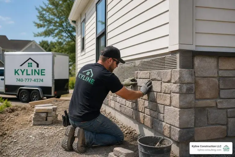 applying stone veneer on a Central Ohio home exterior