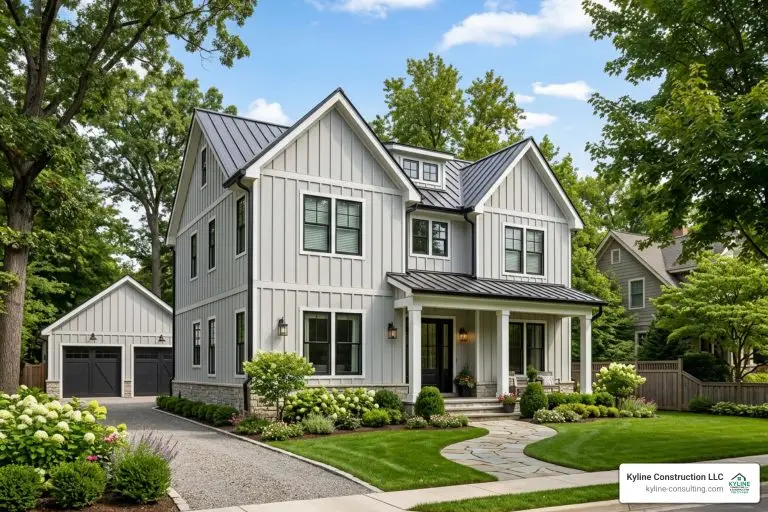 vinyl siding board batten on a modern farmhouse with vertical lines and curb appeal