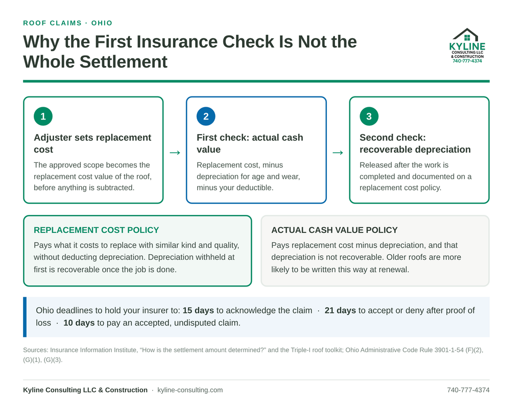Infographic showing the Ohio roof insurance claim process from filing to final payment, with state deadlines and the split between ACV and recoverable depreciation payments