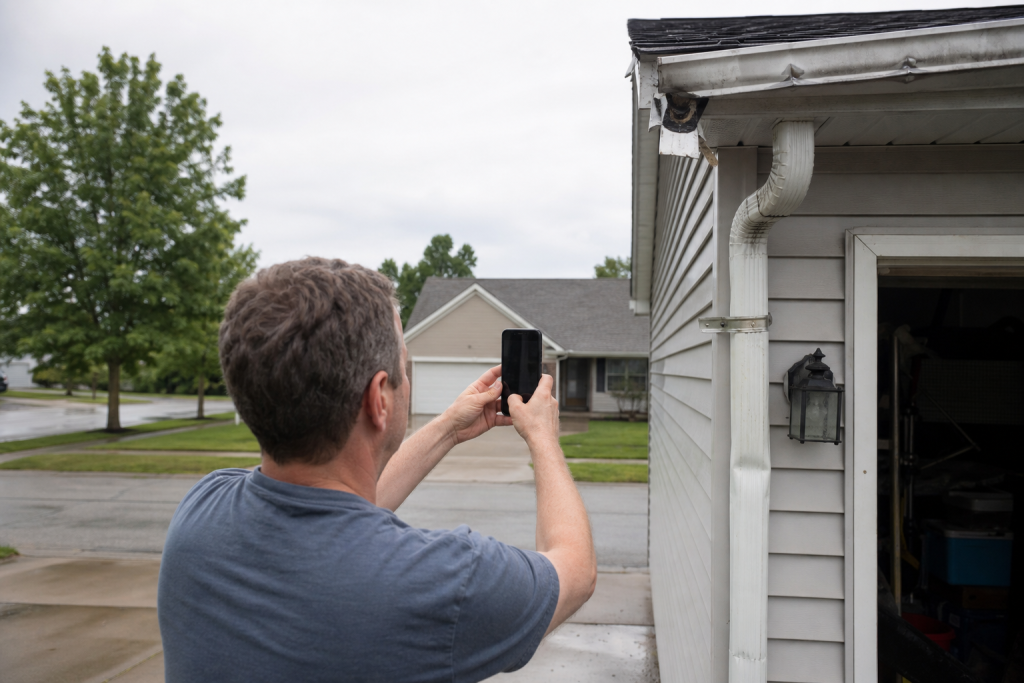 Homeowner standing on a driveway photographing the gutter and downspout on the corner of a house with a phone after a storm.