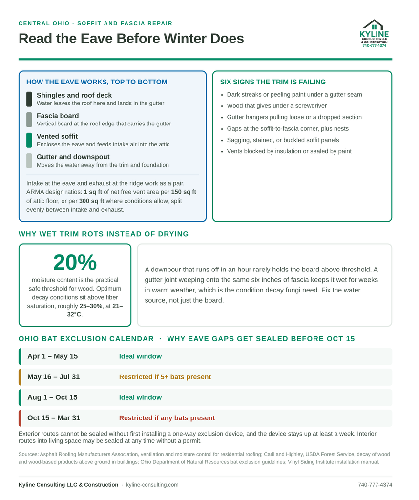 Kyline infographic on soffit and fascia repair showing eave anatomy, rot warning signs, and the Ohio bat exclusion calendar
