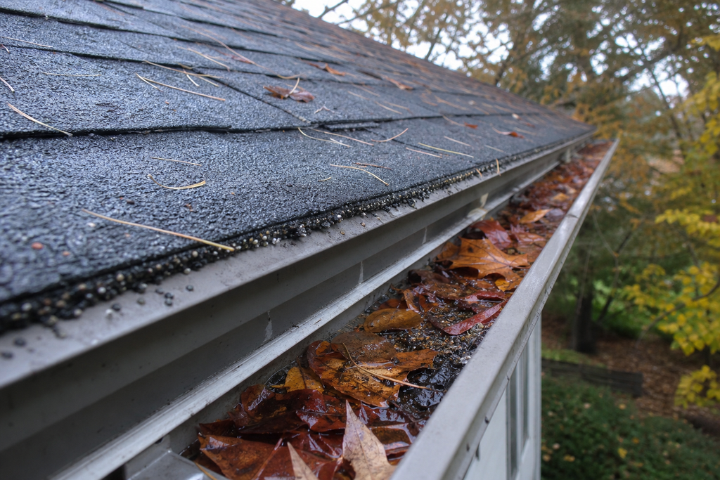 Close-up of an asphalt shingle roof eave and gutter with autumn leaves collected in the gutter trough, seen from ladder height