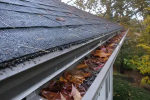 Close-up of an asphalt shingle roof eave and gutter with autumn leaves collected in the gutter trough, seen from ladder height