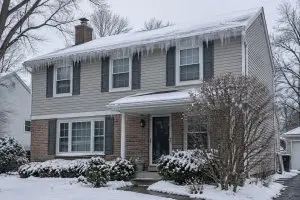 Ice dam and icicles along the eave of a Central Ohio home in winter