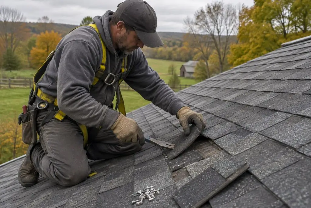 Roofer wearing fall protection replacing damaged asphalt shingles during a roof repair near me in Central Ohio