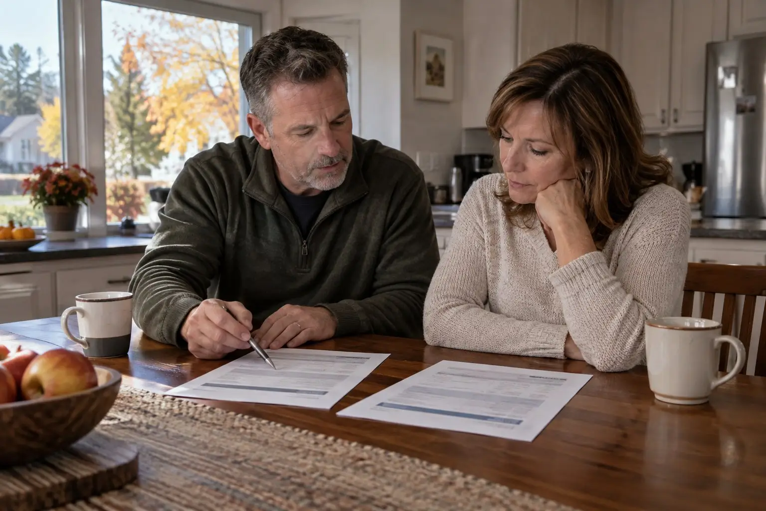Central Ohio homeowners comparing two roofing companies near me bids at a kitchen table